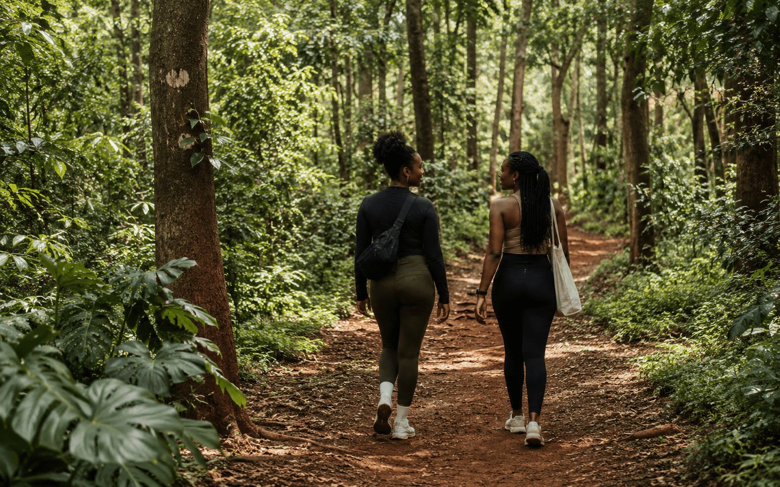 Two women walking together on a green Nairobi trail