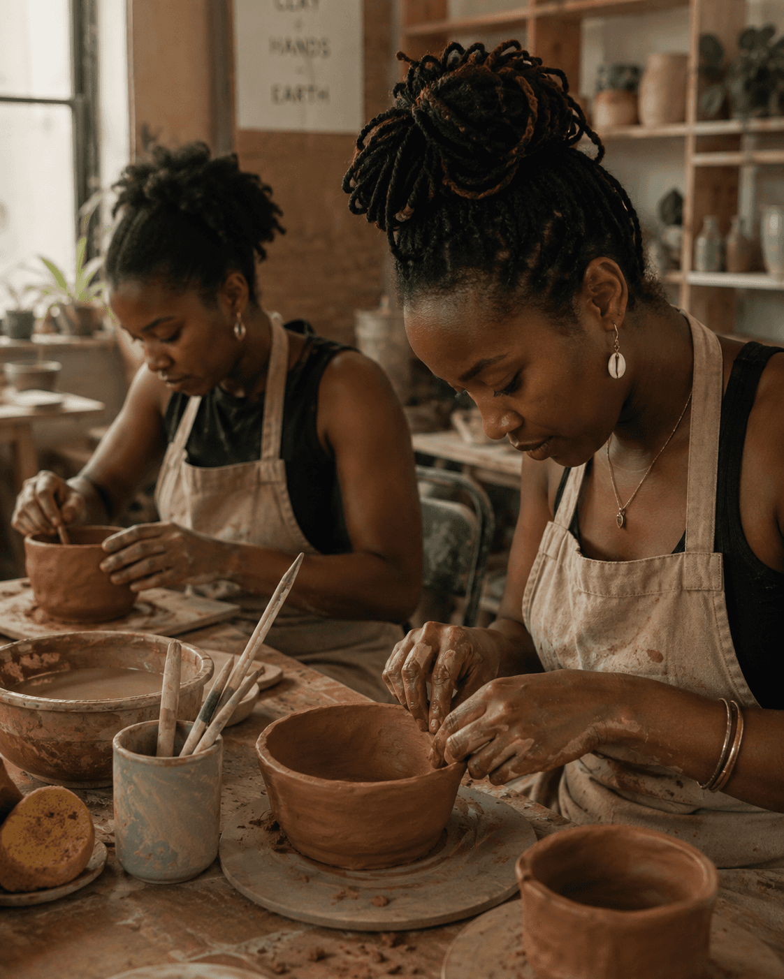 Women working clay at a pottery table